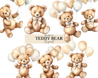 Neutral Teddy Bär Clipart - Luftballons - Aquarell - Baby Shower - Instant Download - Süßer Bär - Kinderzimmer - Png - Fliegender Bär - Kommerziell