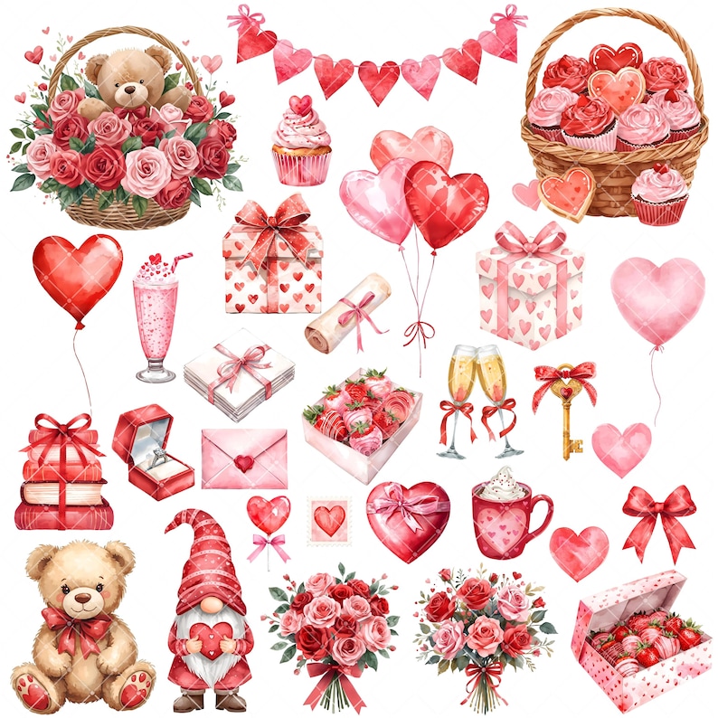Valentine Clipart Bundle - Watercolor - Cute Valentine Png - Romantic ...
