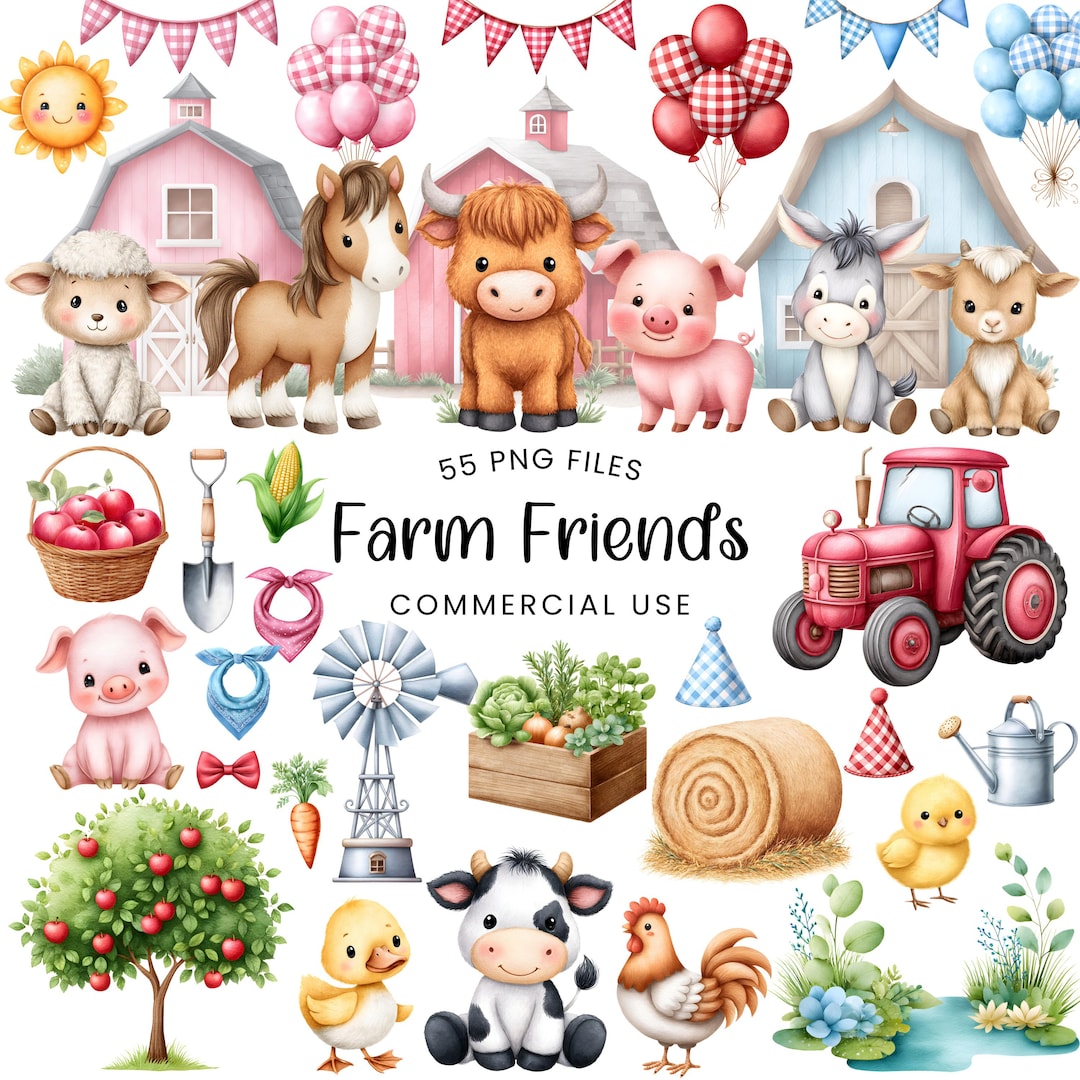 Farm Animal Clipart - Watercolor - Cute Farm Png - Cow - Pig - Horse ...