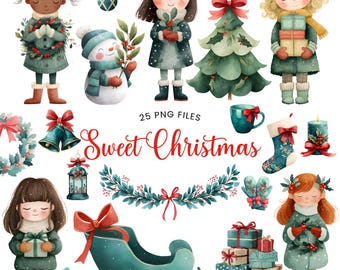 May include: A collection of watercolour illustrations with a Christmas theme. The image features children, a snowman, a Christmas tree, gifts, a sleigh, and the text "Sweet Christmas". The colour scheme includes greens, reds, and blues.