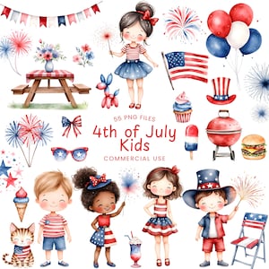 May include: Watercolor illustrations featuring children, fireworks, and patriotic symbols for the 4th of July. Includes a picnic table, balloons, an American flag, and a barbecue grill. The text reads "4th of July Kids" and "Commercial Use".