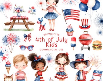 4th of July Clipart - Watercolor - Kids Clipart Bundle - Patriotic Kids Png - Cute Clipart - Independence day - Commercial License