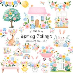 May include: A collection of watercolour illustrations with a spring cottage theme. The image includes a pink house, flowers, a deer, a bunny, a chick, and the text "Spring Cottage". The illustrations are suitable for commercial use.