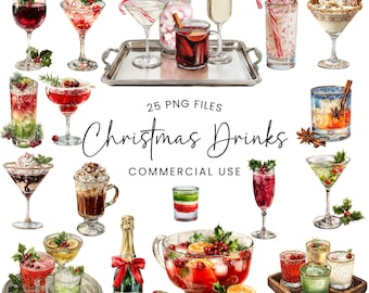 May include: Watercolor illustration of various Christmas drinks, including cocktails, mulled wine, and champagne. The image features a silver tray with drinks, a bottle of champagne, and a large punch bowl. Text reads "Christmas Drinks" and "Commercial Use."