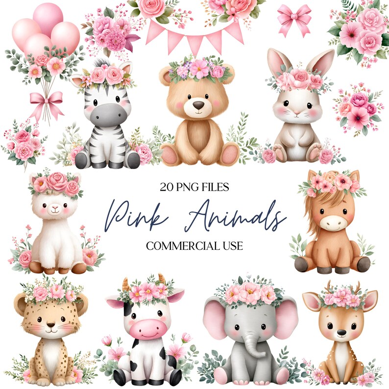 Baby Animal Clipart - Watercolor - Pink Floral - Nursery Clipart - Baby ...
