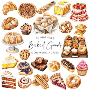 Clipart z akwarelowymi wypiekami - Ciastka Png - Clipart do pieczenia - Chleb - Ciasto - Ciasto - Pączek - Bułka cynamonowa - Babeczka - Licencja komercyjna
