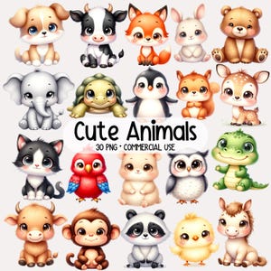 Puede incluir: Un conjunto de 30 ilustraciones de animales lindos, que incluyen un perro, una vaca, un zorro, un conejo, un oso, un elefante, una tortuga, un pingüino, un ciervo, un gato, un pájaro, un hámster, un búho, un cocodrilo, un caballo, un mono, un panda, un pollito y un caballo. Las ilustraciones son de estilo de dibujos animados y son perfectas para usar en proyectos digitales.