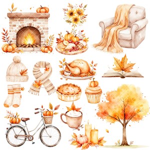 May include: Watercolor illustrations of autumnal elements, including a fireplace, pumpkins, a turkey, a book, a scarf, a coffee cup, a bicycle, a tree, and a blanket on a chair.