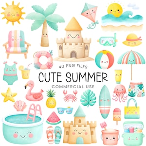 Imágenes prediseñadas de verano adorables - Acuarela - Kawaii Png - Verano pastel - Playa - Uso comercial