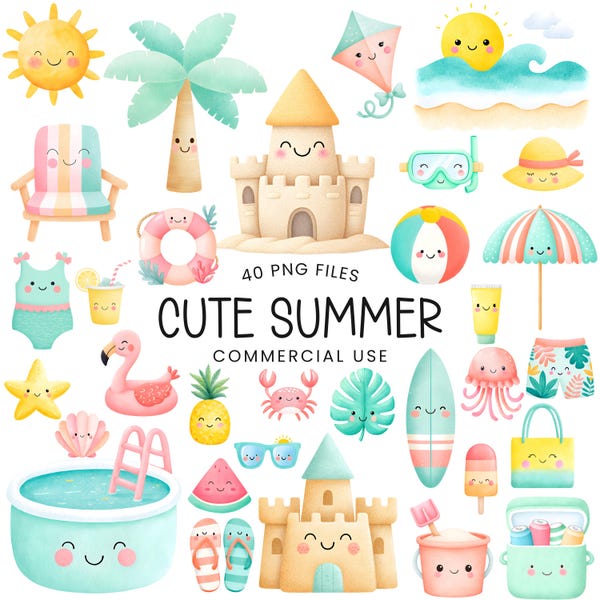 Süße Sommer Clipart - Aquarell - Kawaii Png - Pastell Sommer - Strand - Kommerzielle Nutzung
