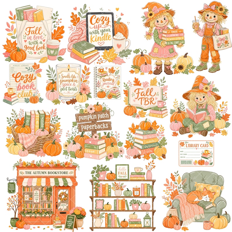 May include: A collection of autumn-themed illustrations featuring scarecrows, pumpkins, stacks of books, cozy reading nooks, a bookstore storefront, and seasonal text like Fall in love with a good book, Cozy up with your Kindle, and Pumpkin patch paperbacks.
