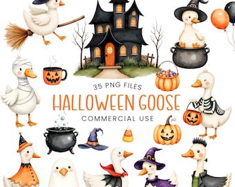 May include: A set of Halloween-themed illustrations with cartoon geese in costumes. The image includes a haunted house, pumpkins, witch hats, and the text "HALLOWEEN GOOSE". The colour scheme is predominantly orange, black, and white.