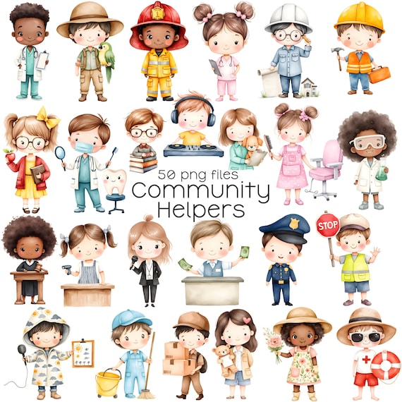 Kids Clipart - Watercolor - Occupations - Community Helpers - Cute Clipart - Nurse - Firefighter - Teacher - Construction - Commercial Use