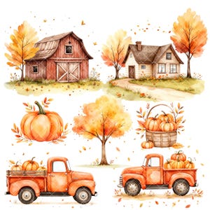 May include: A watercolor illustration of autumnal scenes with a red barn, a white house, a pumpkin, a fall tree, and two red pickup trucks with pumpkins in the bed.