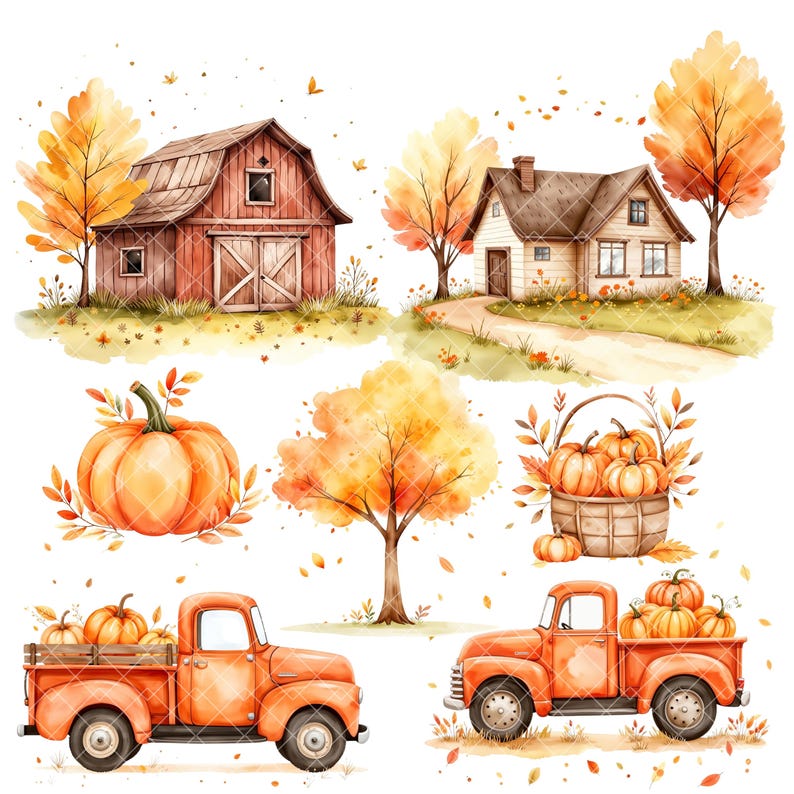 May include: A watercolor illustration of autumnal scenes with a red barn, a white house, a pumpkin, a fall tree, and two red pickup trucks with pumpkins in the bed.