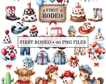 First Rodeo Clipart - Watercolor - Farm Animals Png - Cowboy Birthday - Commercial Use