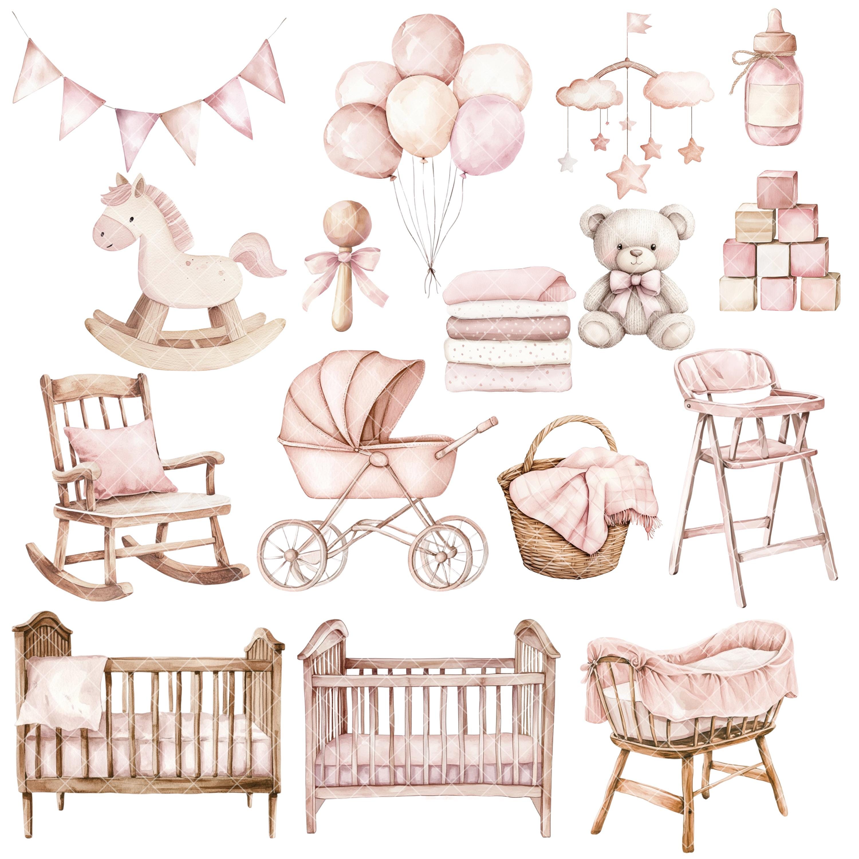 Baby Girl Nursery Clipart - Watercolor - Baby Shower Png - Pink Crib ...