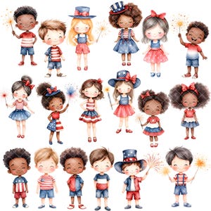 May include: A collection of watercolor illustrations of children dressed in red, white, and blue outfits, holding sparklers. The children are depicted with various hairstyles and skin tones, celebrating a patriotic theme. The outfits include dresses, shorts, and hats.
