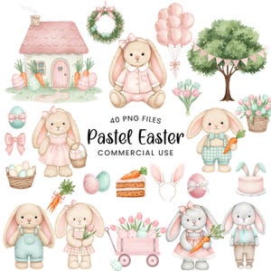 May include: Watercolor illustrations of Easter-themed elements. The image features bunnies, Easter eggs, carrots, a house, a wreath, balloons, and a tree. Text reads "Pastel Easter" and "Commercial Use".