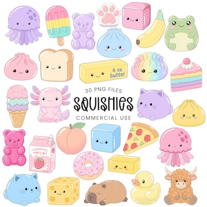 May include: A collection of 30 digital illustrations featuring cute, smiling characters and food items including a purple jellyfish, pink gummy bear, blue dumpling, banana, frog, slice of cake, ice cream cone, axolotl, cat, pizza, and strawberry milk.