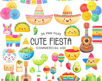 May include: A collection of watercolor illustrations featuring smiling fiesta-themed items including sombreros, tacos, guitars, maracas, cacti, a piñata, a poncho, and skull motifs, with the text 35 PNG FILES CUTE FIESTA COMMERCIAL USE.