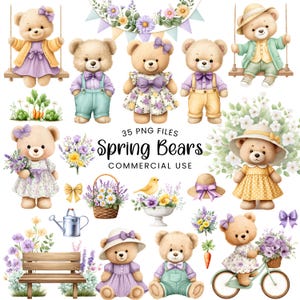 May include: Watercolor illustrations of teddy bears in spring attire, including dresses, overalls, and hats. The image features the text "Spring Bears" and "35 PNG FILES COMMERCIAL USE."