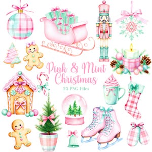 Pink & Mint Christmas Clipart - Watercolor - Preppy Christmas - PNG - Commercial license - Nutcracker - Gingerbread - Girly Christmas