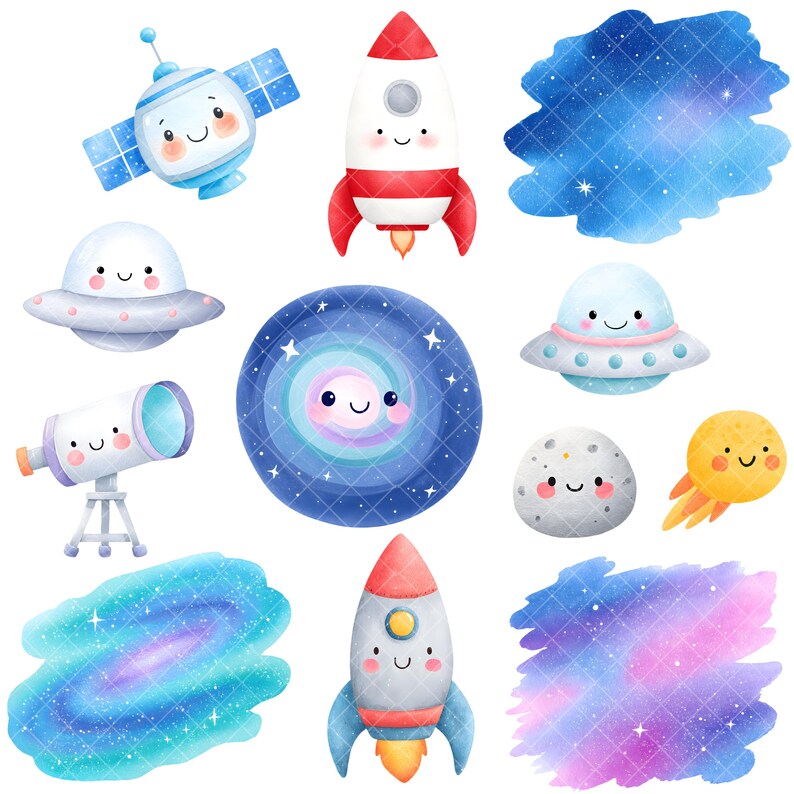 K&ouml;nnte beinhalten: Aquarell-Illustration mit Weltraum-Elementen. Enth&auml;lt einen Satelliten, Raketen, UFOs, ein Teleskop, Planeten und Galaxien. Jedes Element hat ein l&auml;chelndes Gesicht und ist in leuchtenden Farben gemalt, wodurch ein skurriles Design entsteht.