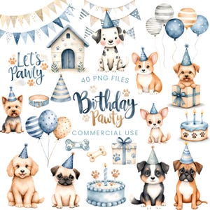 Puppy Pawty Clipart - aquarel - schattige hond Png - puppy verjaardag Clipart - Let's Pawty - hondenrassen - blauwe verjaardag - commerciële licentie