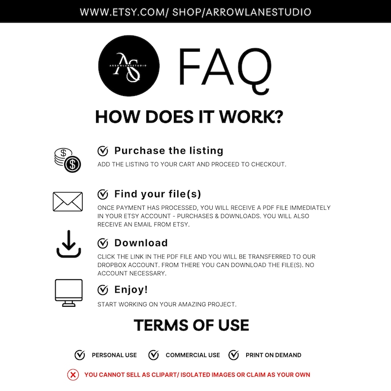 May include: A white graphic with the text "FAQ" and instructions on how to purchase and download files from Etsy. The image includes icons for purchasing, finding files, downloading, and enjoying the product, along with terms of use.