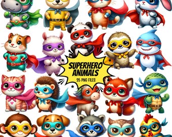 Superhero Animal Clipart - Watercolor - Cute Superhero Png - Kid's Clipart Bundle - Superhero Animal Sublimination - Commercial License