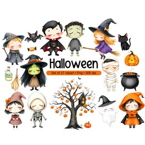 Cute Halloween Clipart - Watercolor - Halloween png - Kids in costumes - Witch - Frankenstein - Skeleton - Vampire - Wizard - Mummy - Spooky