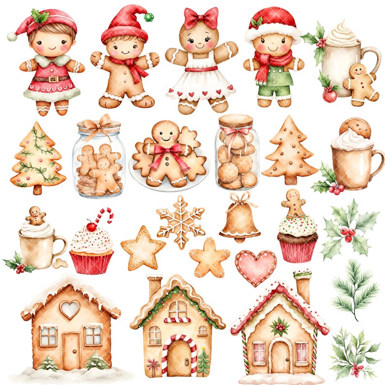 May include: A set of watercolor illustrations featuring gingerbread people, houses, trees, and other Christmas-themed elements. The illustrations are in a festive red, green, and white color scheme.