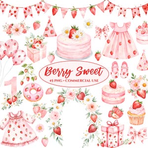 Clipart aardbei - aquarel - eerste verjaardag PNG - kinderkamer Clipart - aardbeidessert - babyshower Clipart - ballon - commercieel gebruik
