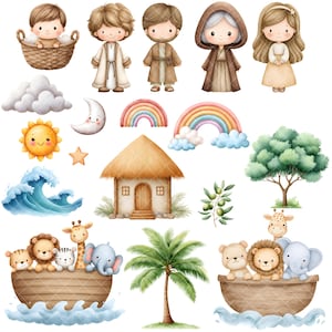May include: Watercolor illustrations of biblical characters, animals, and nature elements. Includes a rainbow, sun, moon, house, tree, and animals in an ark. The characters are depicted in a cute, cartoon style.