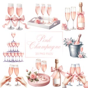 Pink Champagne Clipart - Watercolor - Champagne Png - Sublimination - Champagne with bows - Soft Pink Clipart - Commercial Use