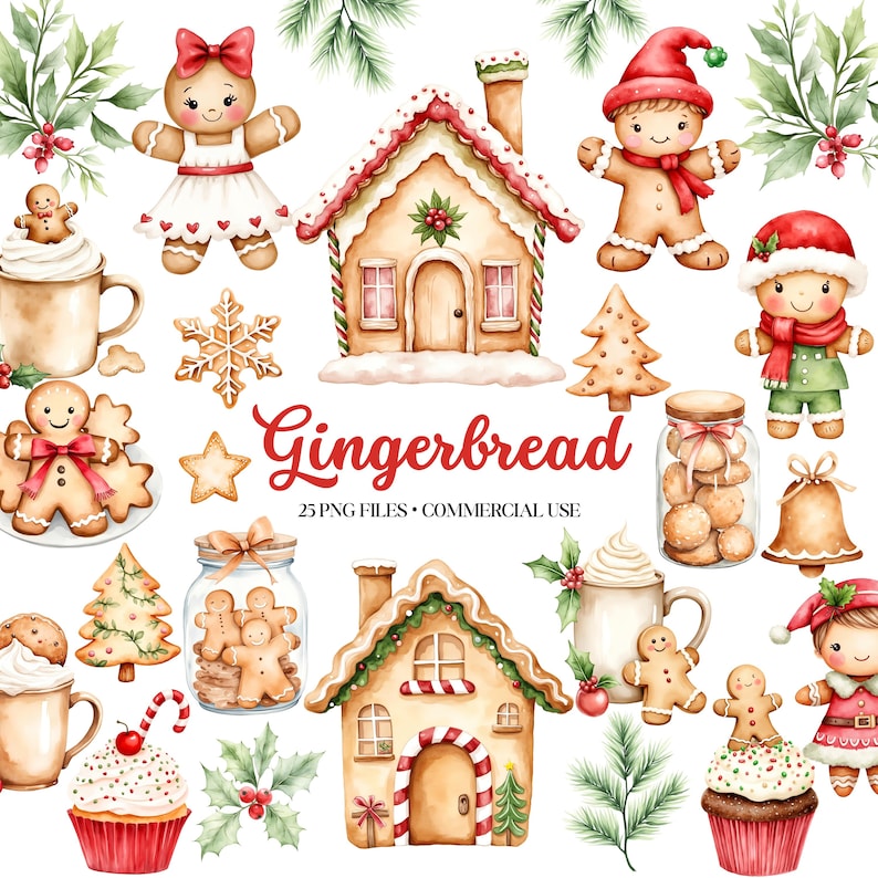 May include: A set of 25 watercolor illustrations featuring gingerbread people, houses, and other holiday treats. The illustrations are perfect for creating festive cards, invitations, and other crafts.