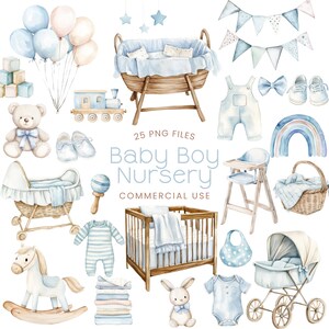 Baby Boy kwekerij Clipart - aquarel - babyshower png - wieg - kinderwagen - babykleding - teddybeer - babyblauw - commercieel gebruik afbeelding 9