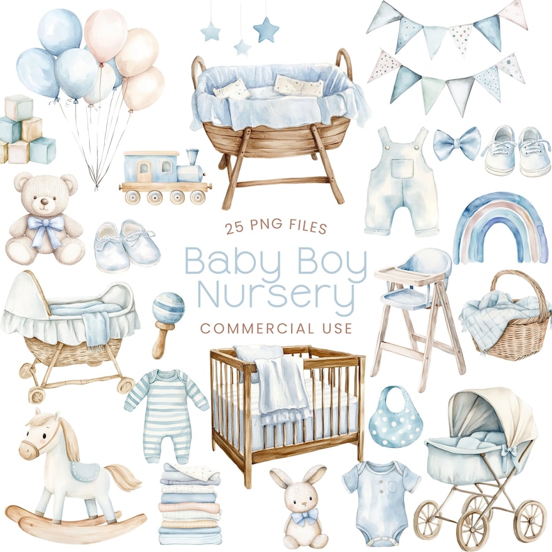 Op de afbeelding: Een aquarel-illustratieset met babykamerartikelen voor een babyjongen. De set bevat een wieg, een schommelpaard, een kinderwagen, een kinderstoel, een verschoningmat, een babyspeelgoed, een babykledingset, een babydeken, een babyrammelaar, een baby-slabbetje, een babymobiel, een babymand, een babybeer, een babykonijn, een babyregenboog, een babyvlaggenlijn en een paar babyschoenen. De set is perfect om een babykamerthema voor een babyjongen te cre&euml;ren.