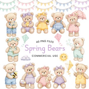 May include: A collection of illustrated teddy bears in pastel colors, wearing overalls and bows. Some bears hold flowers, a duckling, a bee, and a kite. The text "Spring Bears" and "Commercial Use" are also visible.
