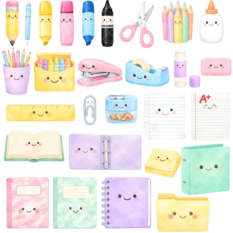 May include: Watercolor illustration of various school supplies, including pencils, pens, highlighters, scissors, stapler, tape dispenser, glue, eraser, ruler, paper clip, pencil sharpener, notebooks, binder, sticky notes, and a file folder. All items have cute, smiling faces.