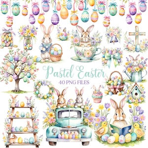 May include: A set of 40 pastel Easter digital clipart images. The images include bunnies, eggs, flowers, a truck, a bird, a watering can, a birdhouse, a cross, a bell, a cupcake, a basket of eggs, a wreath, a tree, a shelf, and a teacup. The images are perfect for creating Easter cards, invitations, scrapbook pages, and other crafts.