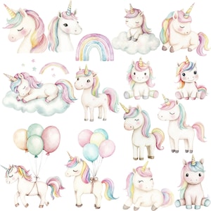 May include: Watercolor illustration of 13 pastel-colored unicorns with rainbow manes and tails. The unicorns are in various poses, including sleeping, standing, and flying. There is also a rainbow arch in the image.