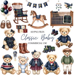 Könnte beinhalten: Eine Sammlung von Aquarellillustrationen mit Baby-Themen. Enthält ein Schaukelpferd, ein Kinderbett, Teddybären in verschiedenen Outfits, einen Schaukelstuhl, Blöcke, einen Zug und ein Banner mit der Aufschrift "BABY". Der Text "Classic Baby" ist ebenfalls vorhanden.