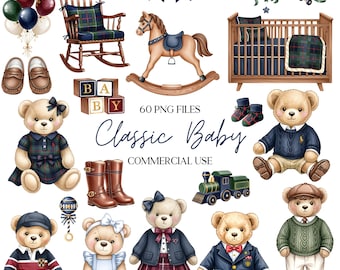 Classic Baby Clipart - Watercolor - Preppy Bear - Nursery Clipart - Baby Shower Png - Commercial Use