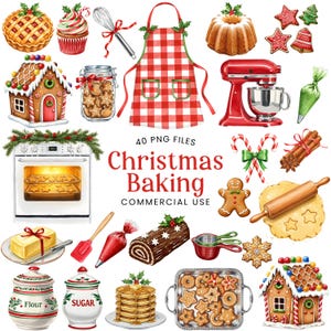 Puede incluir: Colección de ilustraciones en acuarela con elementos de repostería navideña. Incluye un delantal a cuadros rojo y blanco, casas de jengibre, galletas, una batidora y el texto "Christmas Baking".