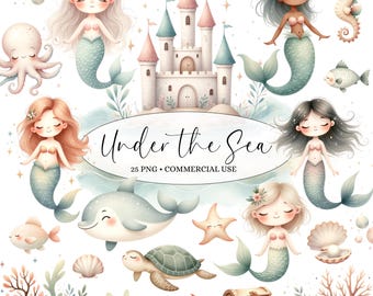 May include: A set of 25 digital illustrations featuring a whimsical underwater theme. The illustrations include mermaids, a castle, a dolphin, a turtle, a crab, a starfish, seashells, and coral. The illustrations are in a watercolor style and are perfect for creating invitations, cards, or other crafts.