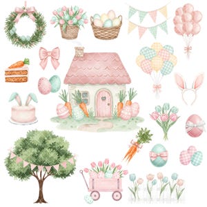 May include: Watercolor illustrations of Easter-themed objects. Includes a pink house, Easter eggs, carrots, a cake, a wreath, a tree, a wagon, balloons, and flowers. The color palette is soft pastel pinks, greens, and yellows.
