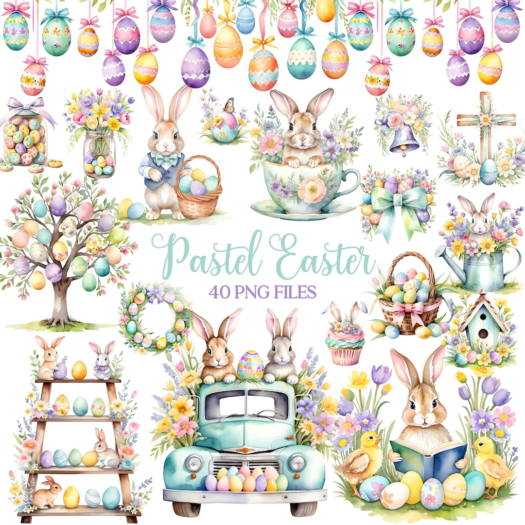 Pastel Easter Clipart - Watercolor - Easter Sublimination - Bunny Png - Easter Eggs - Spri