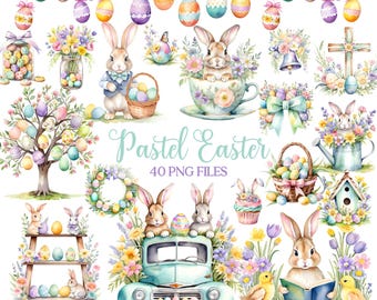 Puede incluir: Un conjunto de 40 imágenes digitales de clipart de Pascua en colores pastel. Las imágenes incluyen conejos, huevos, flores, un camión, un pájaro, una regadera, una casita de pájaros, una cruz, una campana, una magdalena, una cesta de huevos, una corona, un árbol, un estante y una taza de té. Las imágenes son perfectas para crear tarjetas de Pascua, invitaciones, páginas de álbum de recortes y otras manualidades.